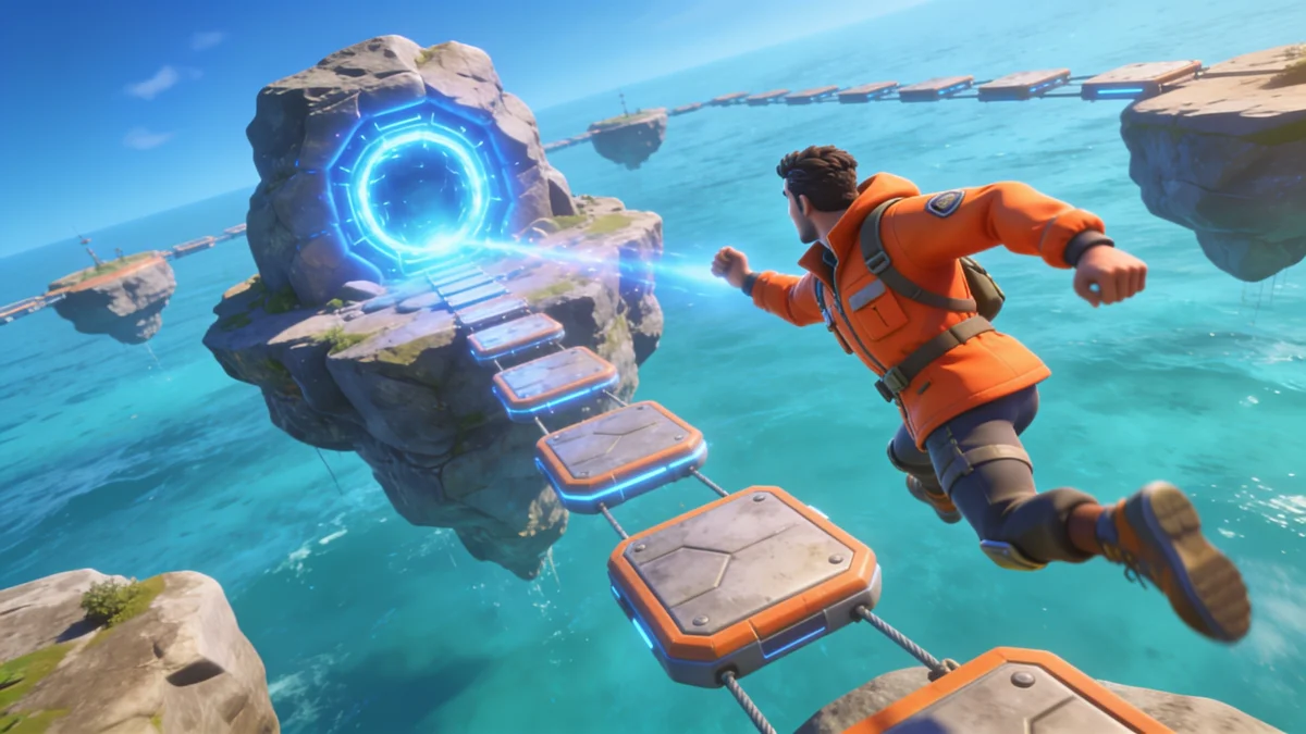 Original adventurer leaping across floating parkour platforms toward a blue portal over the sea.