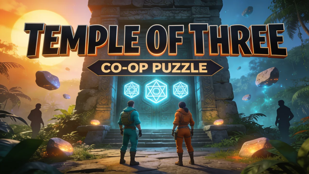 Puzzle adventure concept with the headline “TEMPLE OF THREE”. Use a visual question to introduce the island.