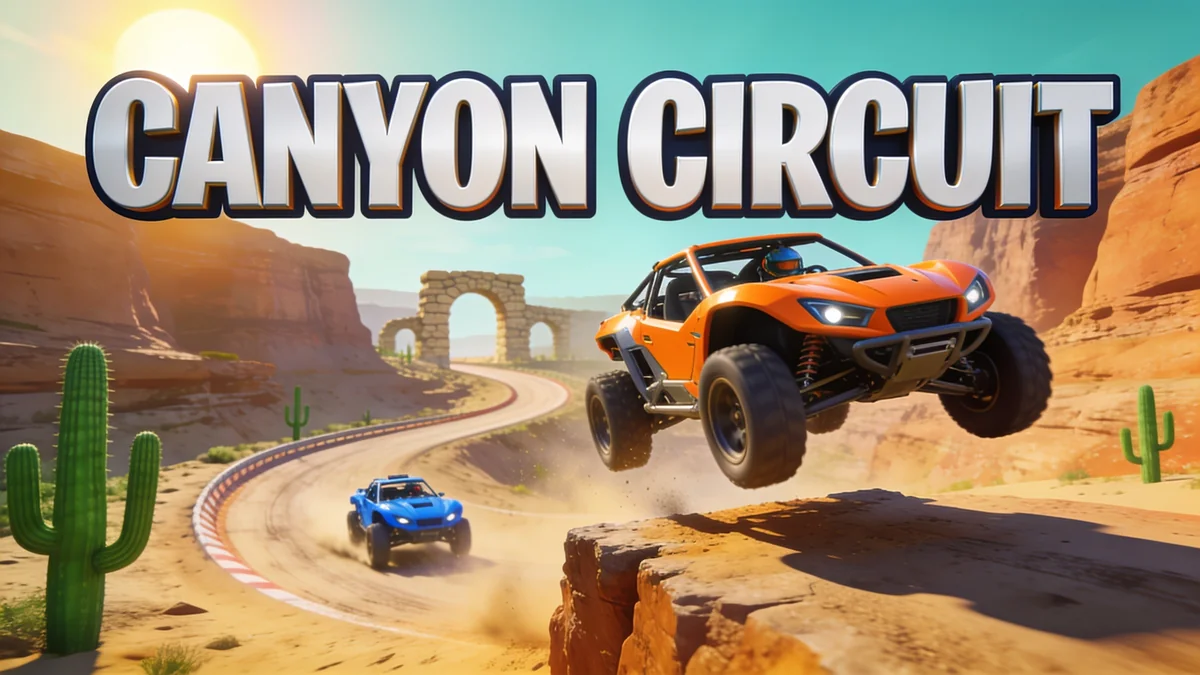 Island race concept with the headline “CANYON CIRCUIT”. A sweeping track gives the scene direction.