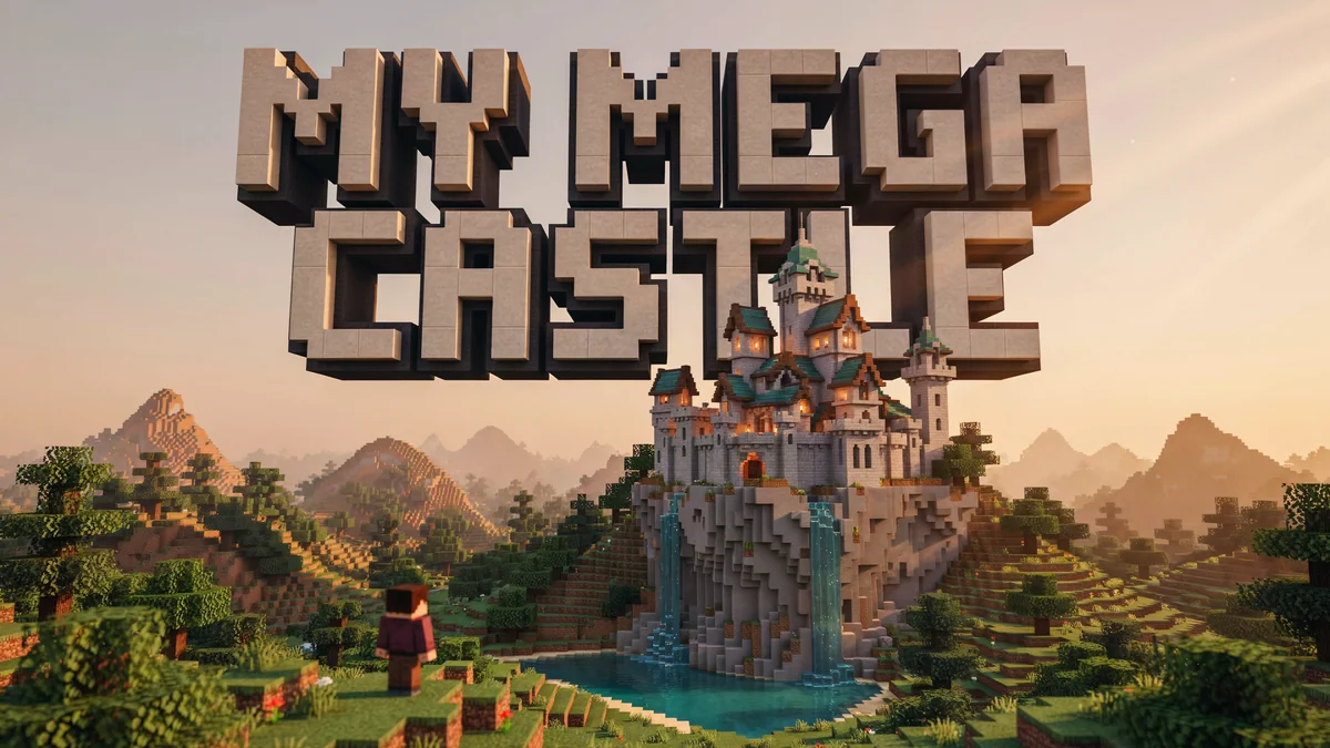 Build showcase concept with the headline “MY MEGA CASTLE”. Let a single large build carry the composition.