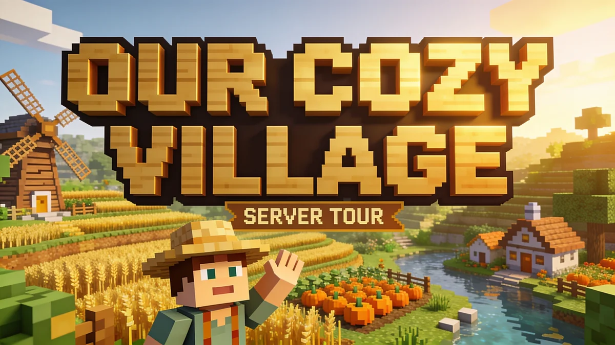 Cozy server update concept with the headline “OUR COZY VILLAGE”. A calmer palette highlights a shared world.