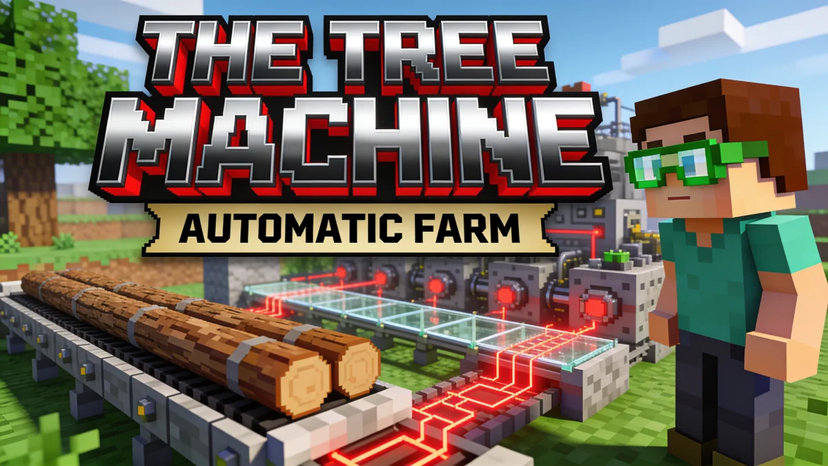 Technical build concept with the headline “THE TREE MACHINE”. Show the mechanism as the main subject.