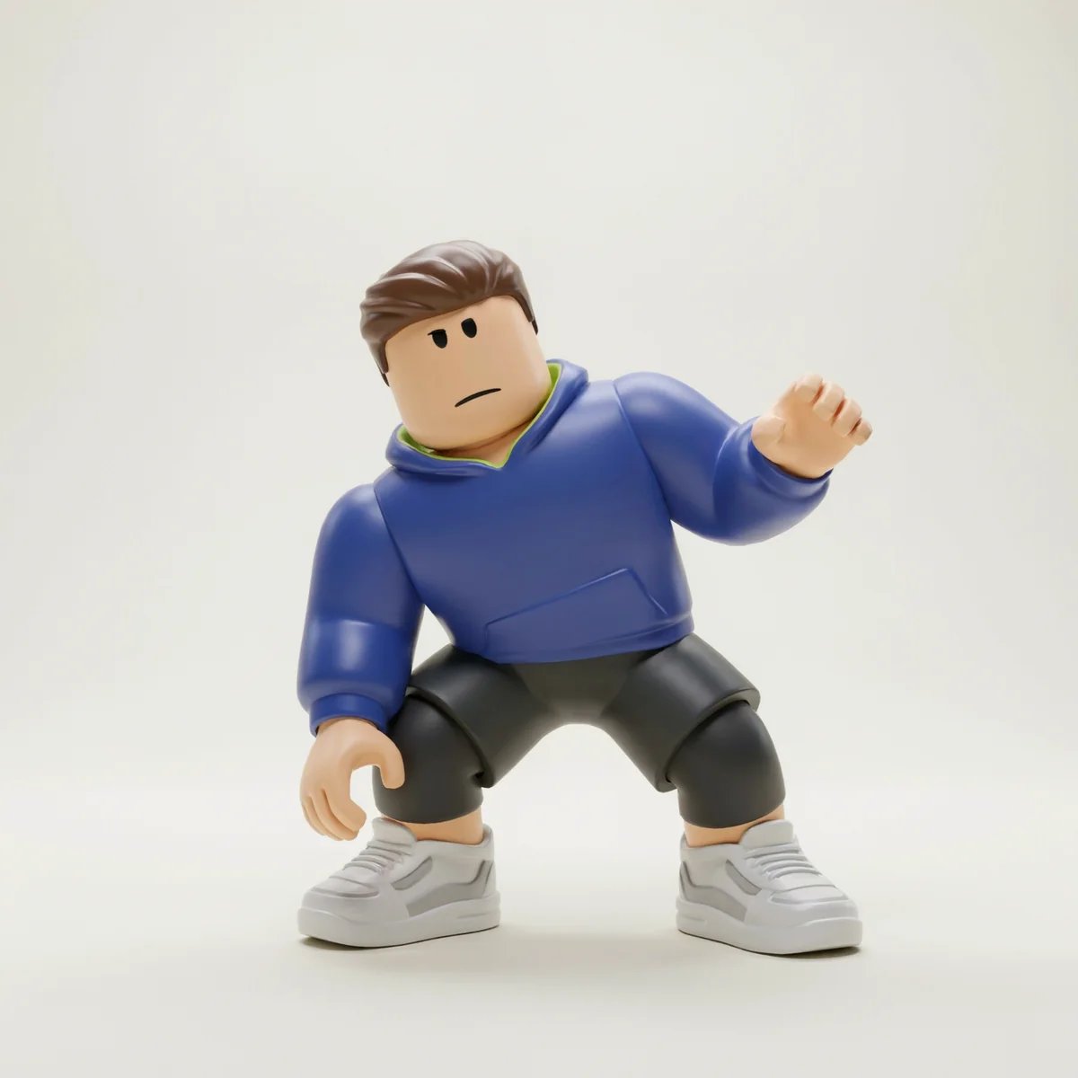 Roblox-style avatar: landing pose. A lower stance gives an action sequence contrast.