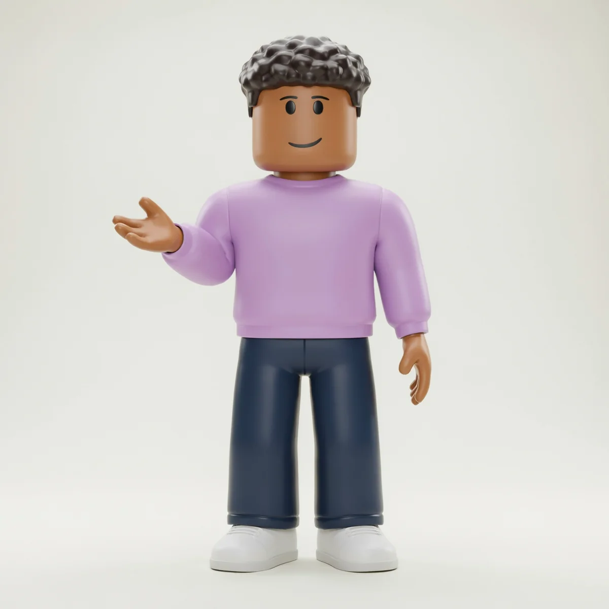 Roblox-style avatar: presenting pose. An open gesture leaves room for a message.