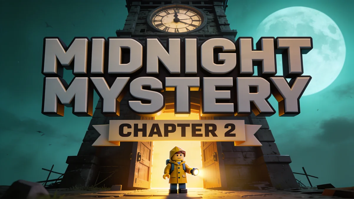 Mystery adventure concept with the headline “MIDNIGHT MYSTERY”. Lighting makes a darker scene readable at a glance.