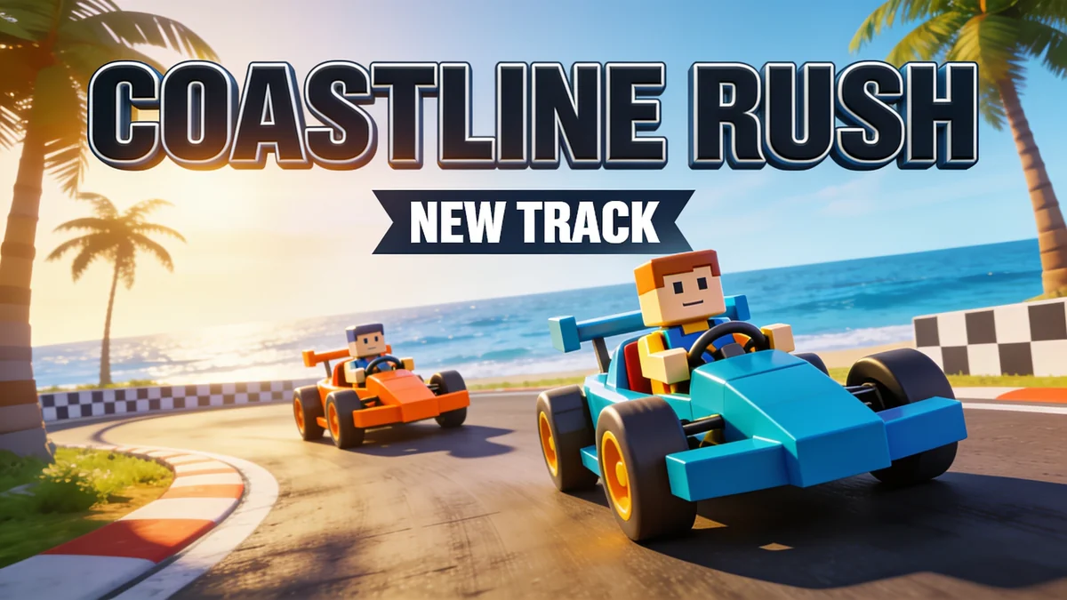 Racing update concept with the headline “COASTLINE RUSH”. A low camera angle brings the action forward.