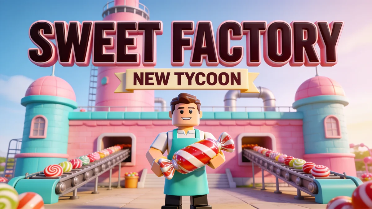 Tycoon launch concept with the headline “SWEET FACTORY”. A factory landmark and a clear foreground avatar.