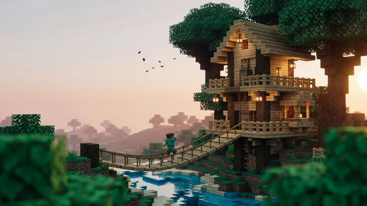 Voxel treehouse with glowing lanterns, a blocky explorer and a river at sunrise.