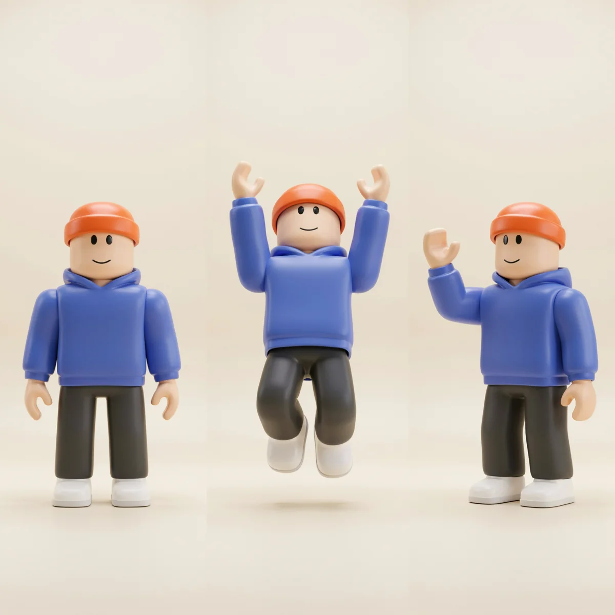 Same original blocky avatar in a blue hoodie and orange beanie standing, jumping and waving.