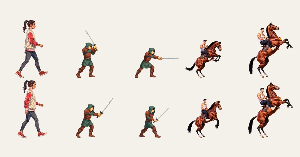 Ten sprite frames in two rows: a woman walking, a pixel-art swordfighter swinging and thrusting, and a man on a chestnut horse rearing