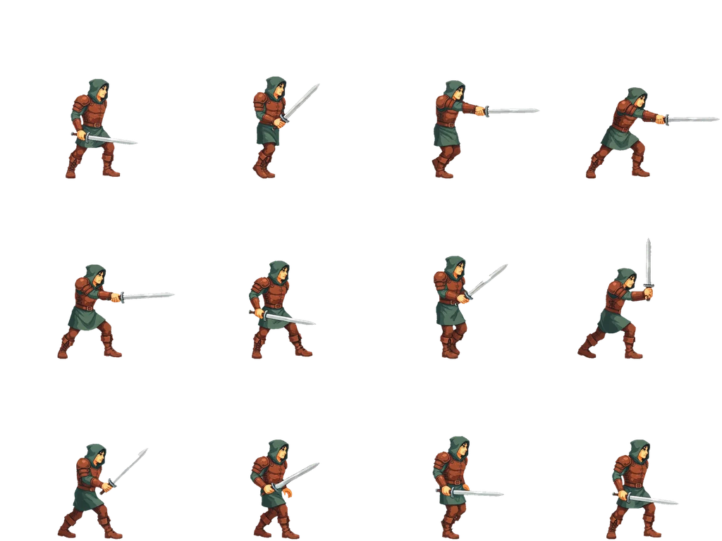 Twelve-frame sprite sheet of the same swordfighter performing a thrust and a rising cut, four columns by three rows