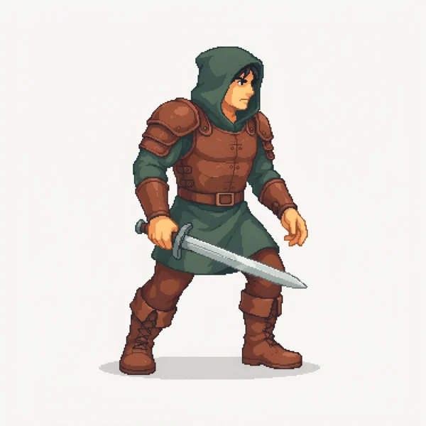 Frame 1: a hooded pixel-art swordfighter in leather armor and a green tunic, ready stance, side view facing right, white background