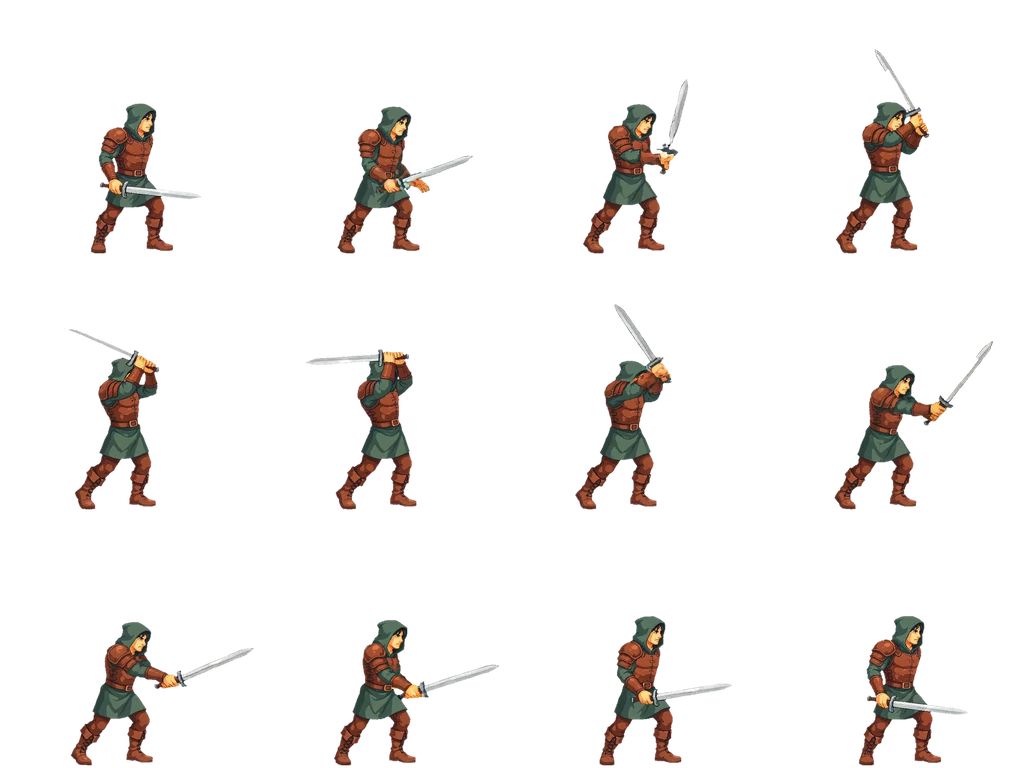 Twelve-frame sprite sheet of the pixel-art swordfighter swinging his sword, four columns by three rows