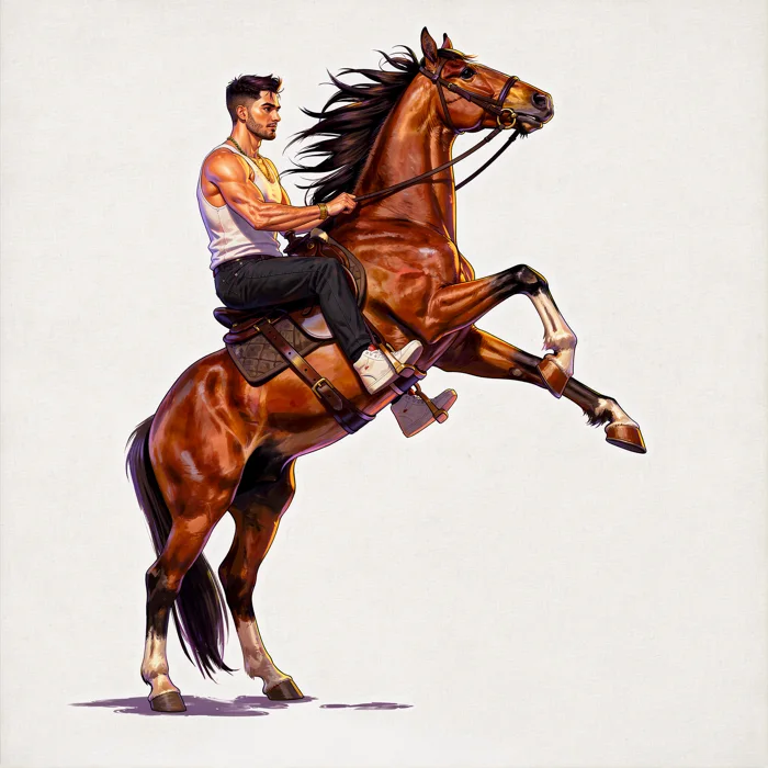 The peak of the rear: the chestnut horse upright on its hind legs, the rider crouched against its neck