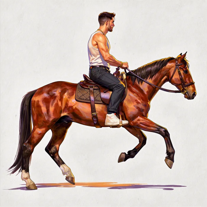 A rejected frame: the same horse and rider at full gallop instead of coming down from a rear