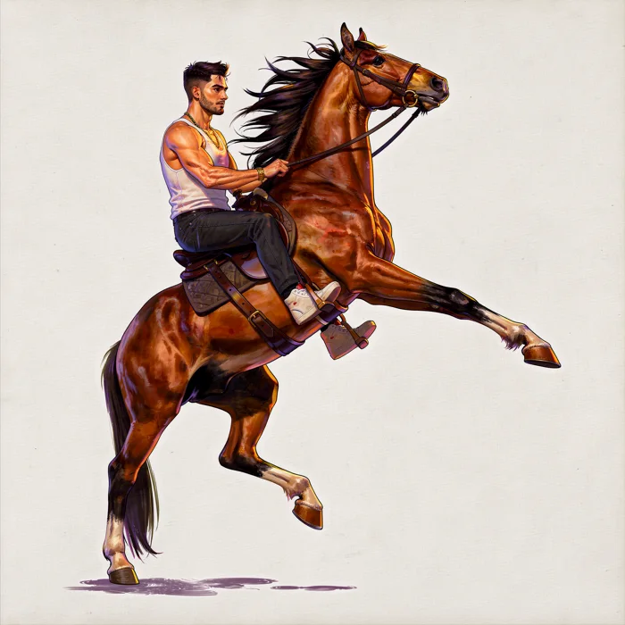 Frame 8 done right: the horse coming down from the rear, body at about forty degrees, forelegs reaching for the ground
