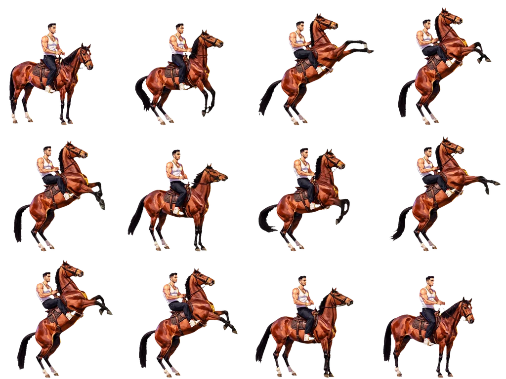 Twelve-frame sprite sheet of the same horse rearing and pawing the air, four columns by three rows