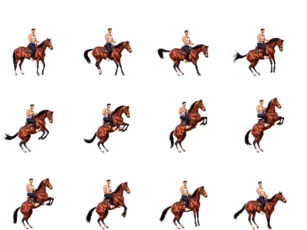 Twelve-frame sprite sheet of the man on the chestnut horse rearing up and recovering, four columns by three rows