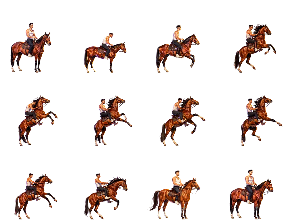 Twelve-frame sprite sheet of the horse and rider rearing up and recovering, four columns by three rows, feet on one baseline