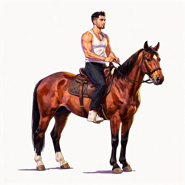Frame 1: a man in a white tank top and dark jeans on a chestnut horse with a white blaze, standing square, side view facing right, white background