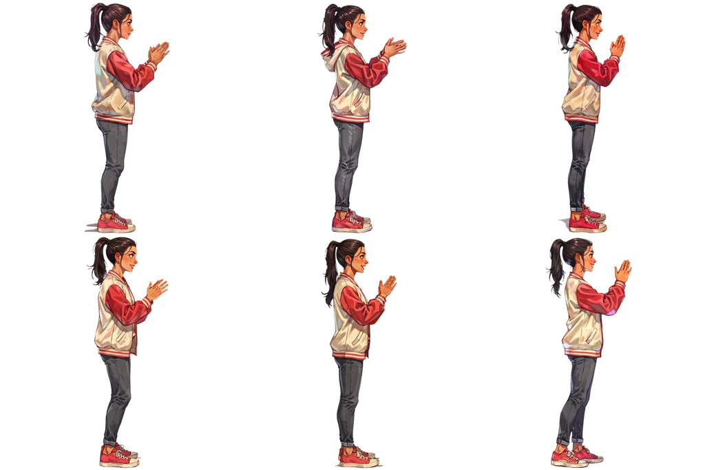 Six-frame sprite sheet of the same woman clapping, in profile, three columns by two rows