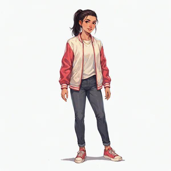 Frame 1: a young woman with a dark ponytail in a cream and red varsity jacket, dark jeans and red sneakers, three-quarter front view, white background