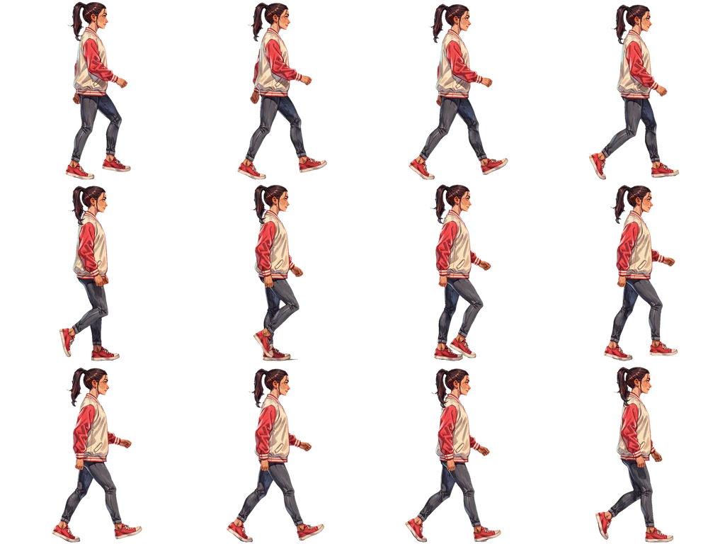 Twelve-frame walk cycle of the same woman in profile from the private-beta route, four columns by three rows