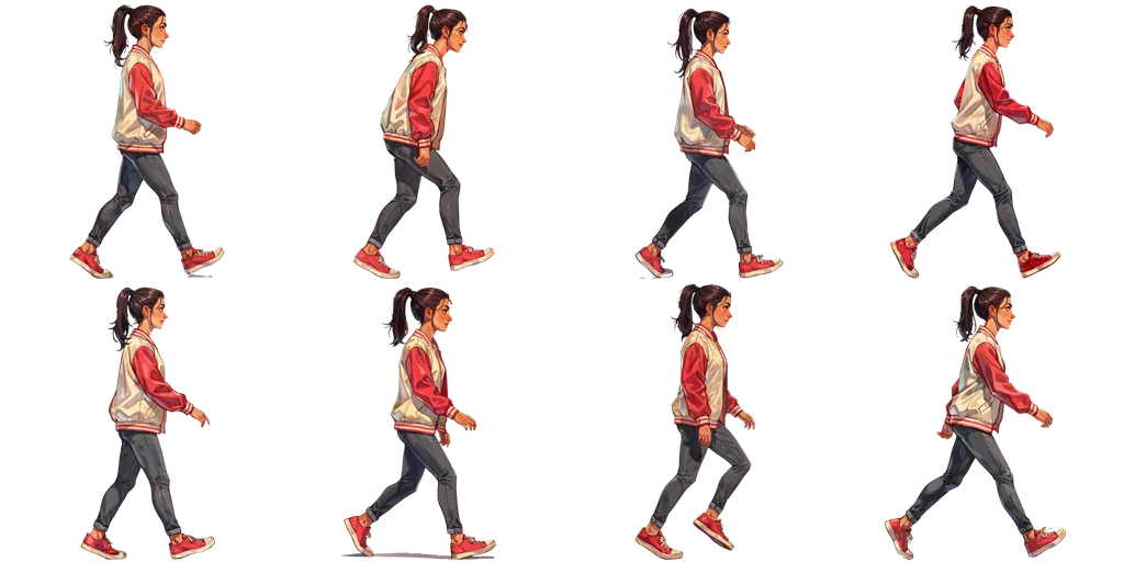 Eight-frame walk cycle of the same woman in profile, four columns by two rows