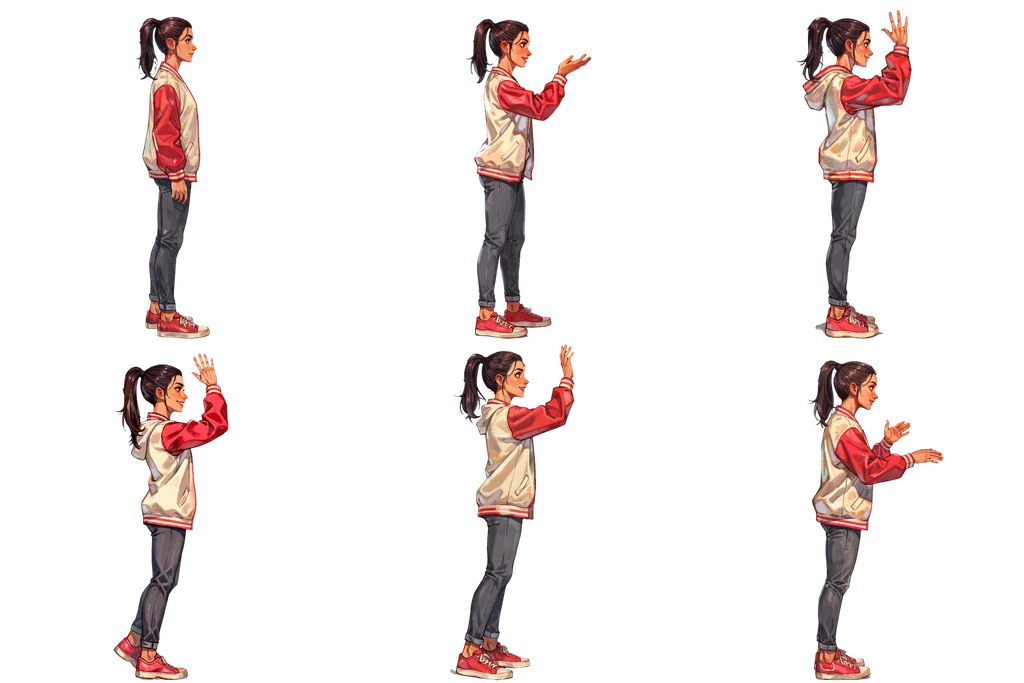 Six-frame sprite sheet of a young woman in a varsity jacket waving, in profile, three columns by two rows