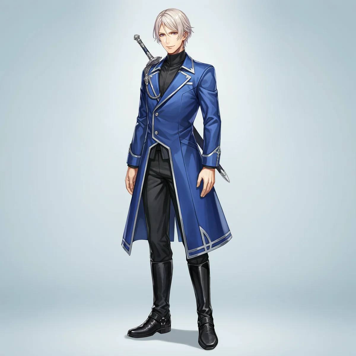 Androgynous adult anime duelist with platinum hair, a cobalt long coat and a sheathed sword.