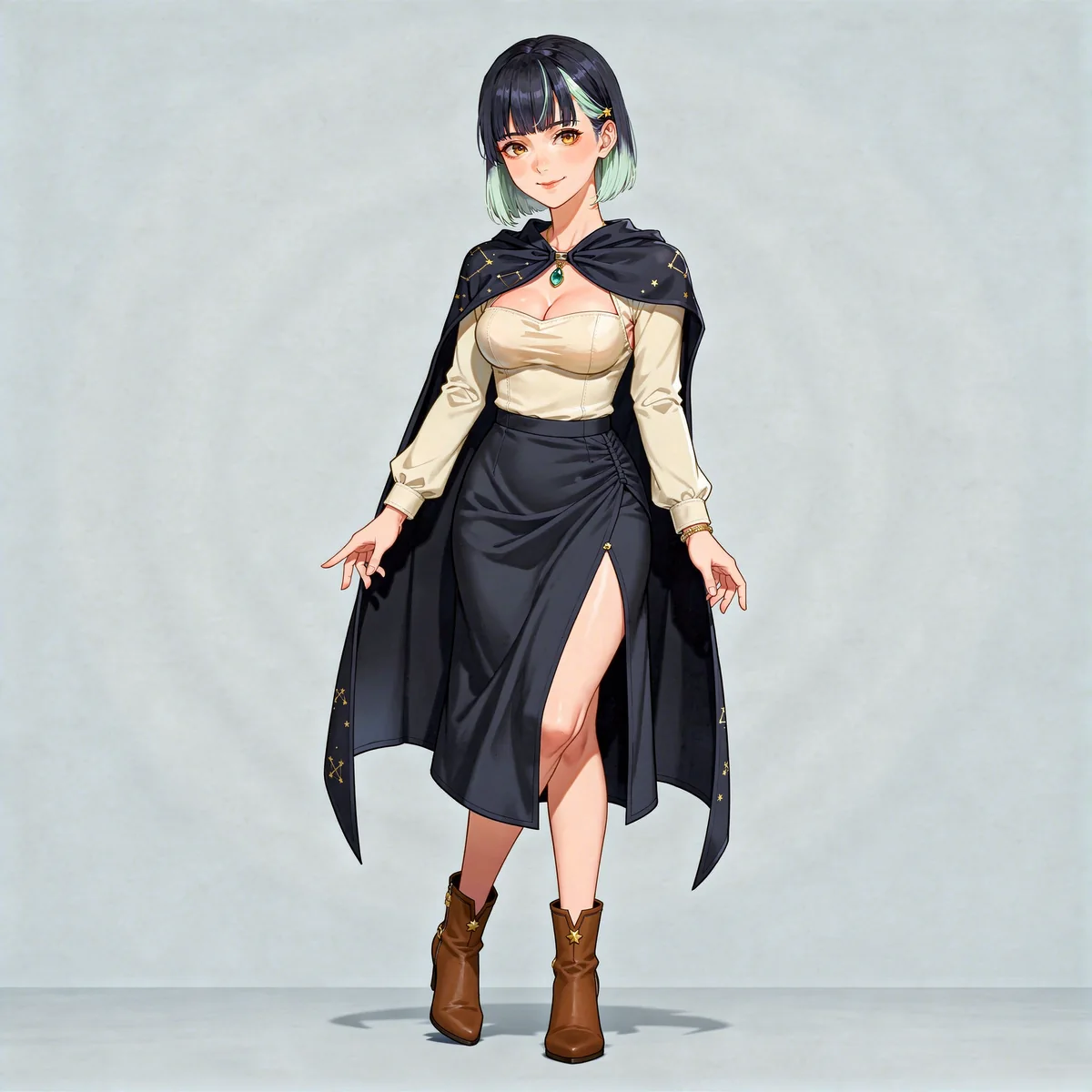 Adult anime astronomer in an ivory sweetheart top, navy slit skirt, constellation cape and heeled boots.