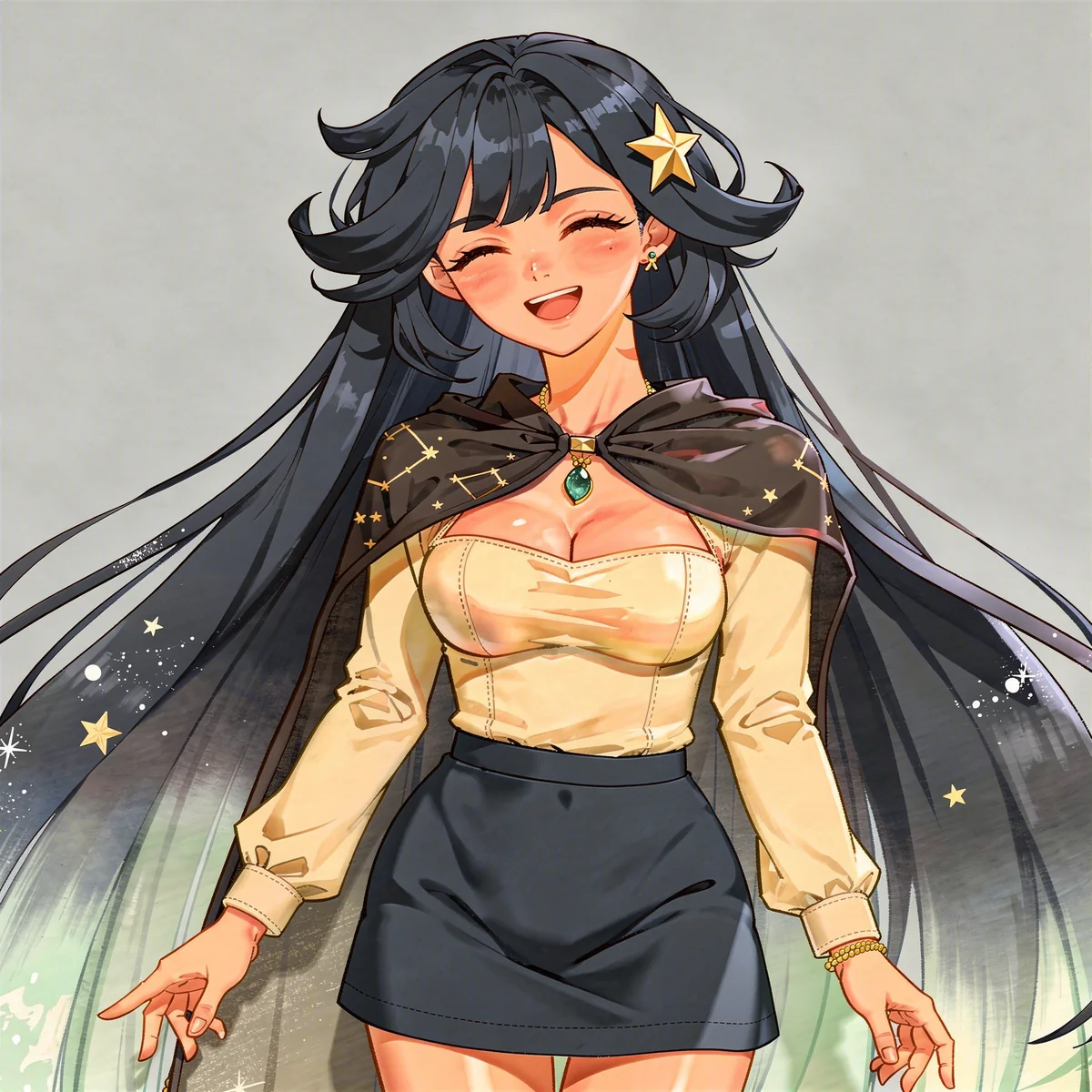 The same long-haired adult anime character laughing with her eyes closed.