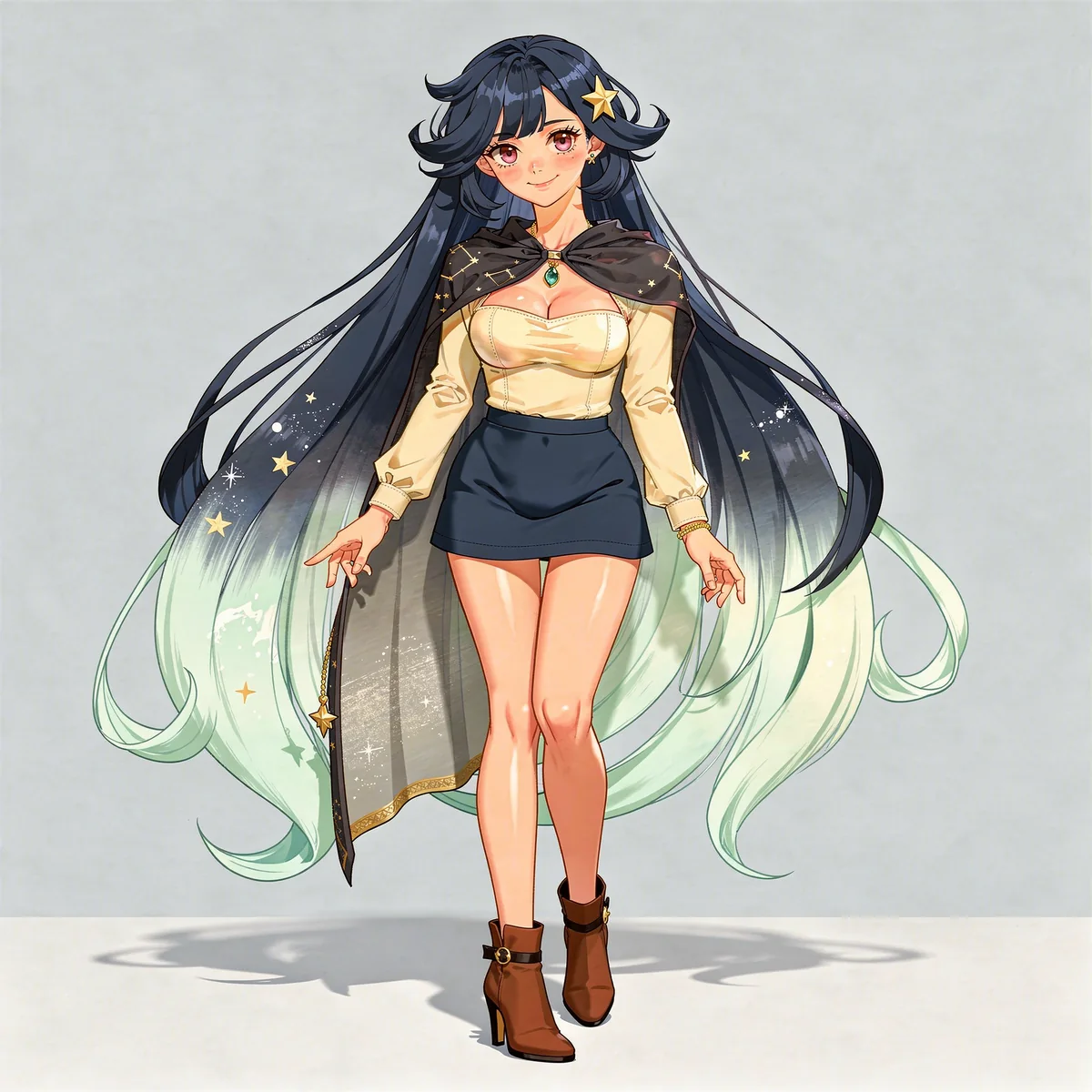 Full-body adult anime character wearing an ivory sweetheart top, short navy miniskirt, constellation cape and heeled boots.