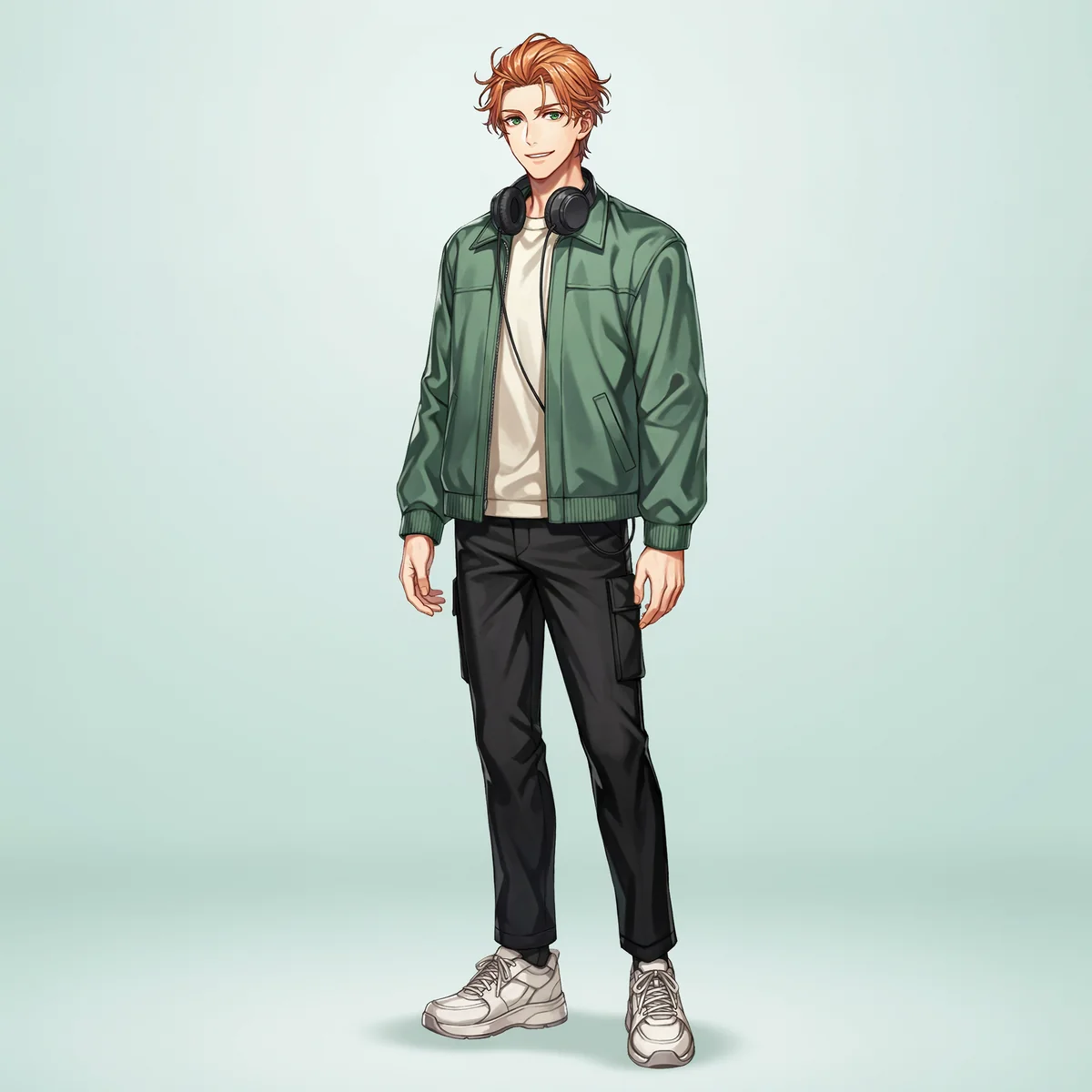 Adult male anime character with copper hair, green streetwear jacket and headphones.