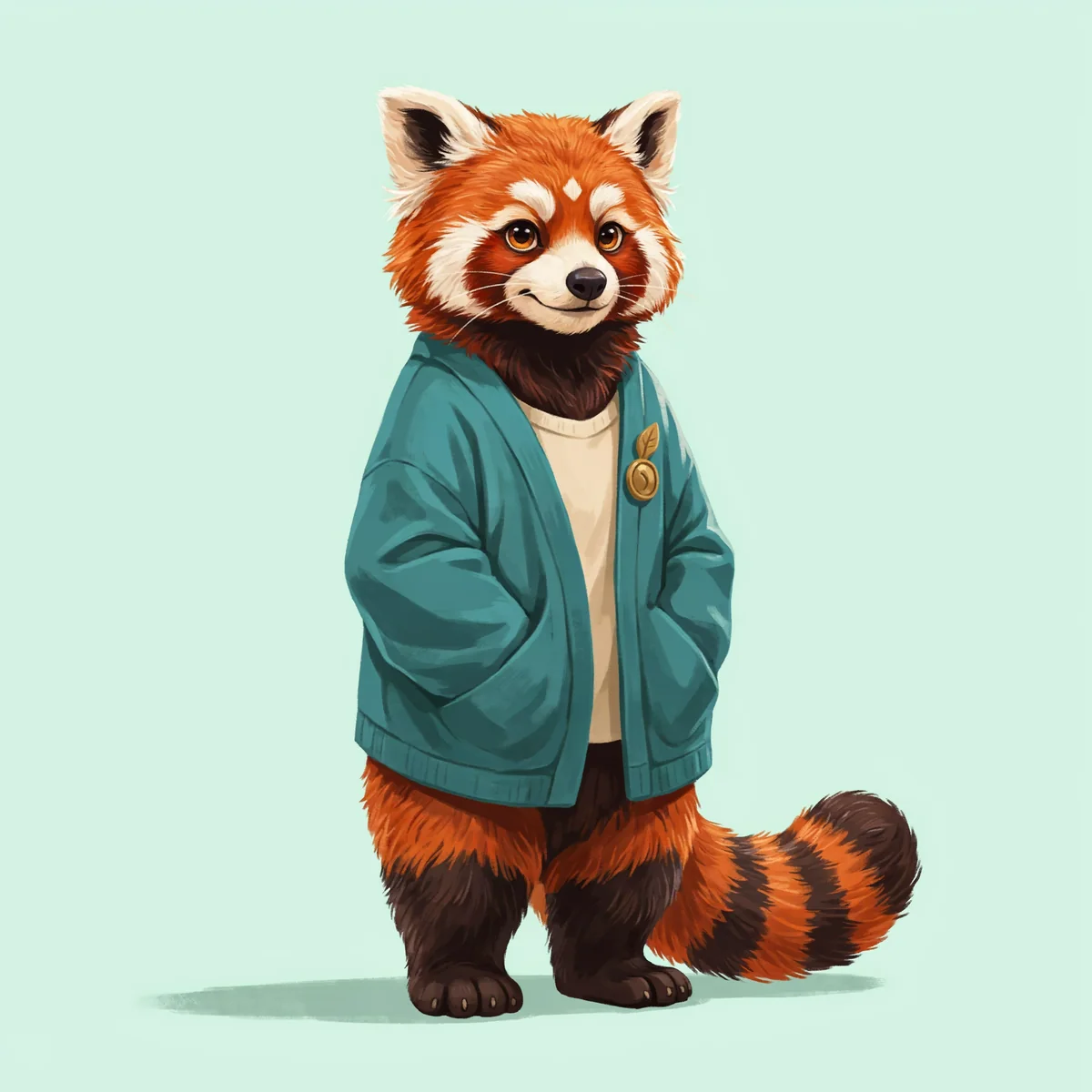 Red panda fursona with rust-orange fur, a cream forehead diamond, ringed tail and teal cardigan.