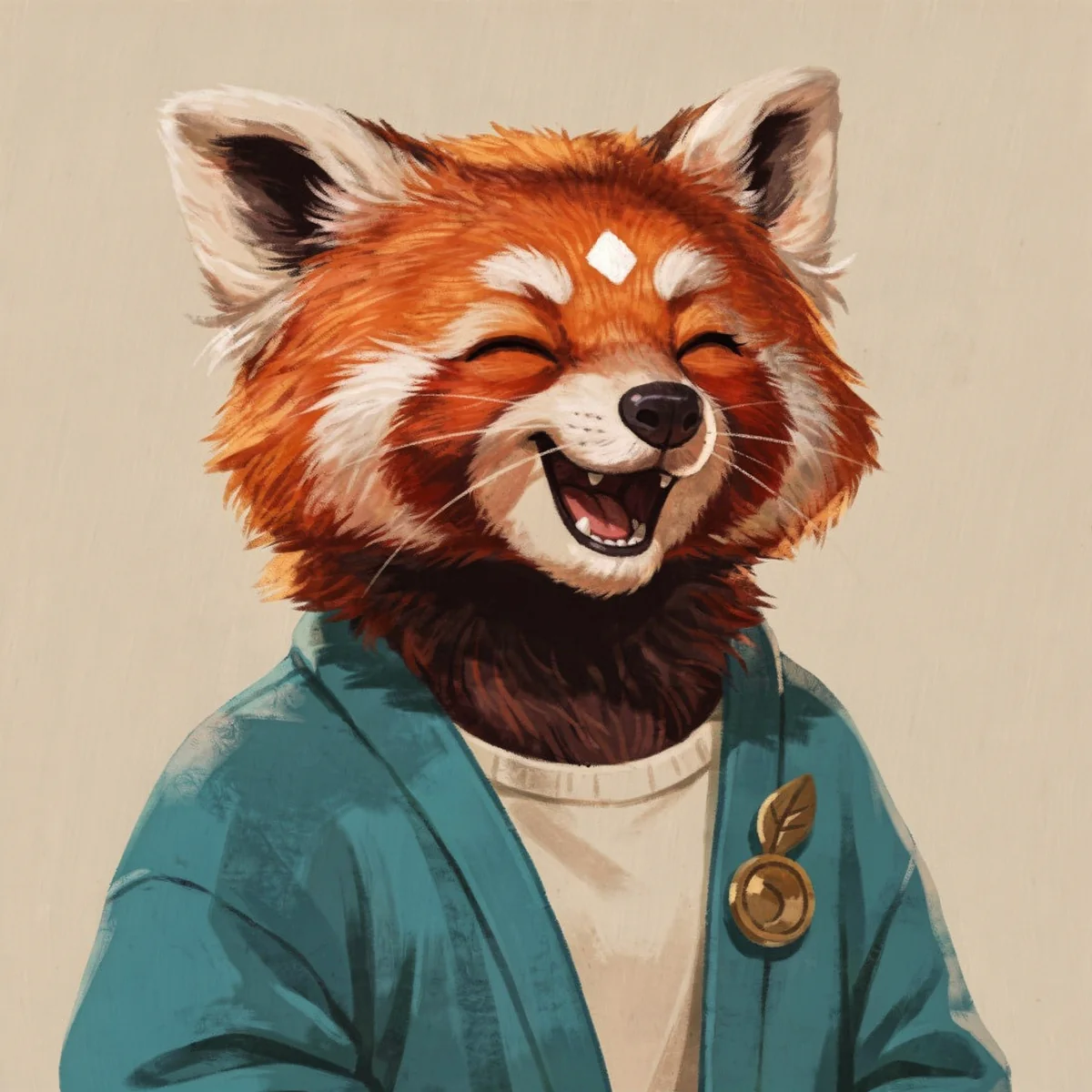The red panda fursona laughing with closed eyes, keeping the forehead diamond and teal cardigan.