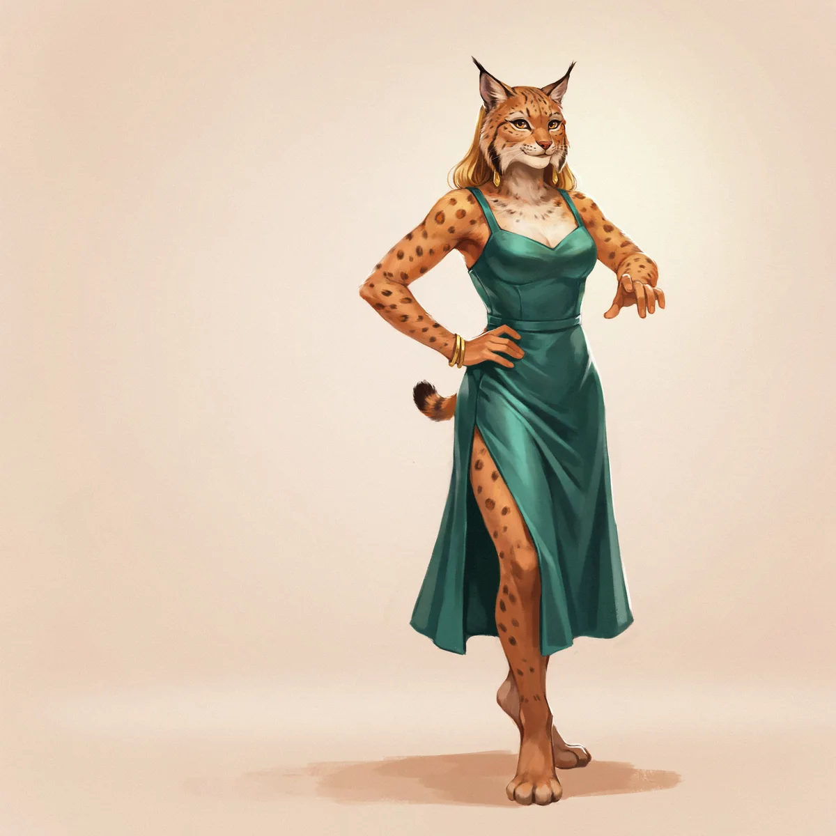 Adult feminine lynx fursona with golden spotted fur, tufted ears and an emerald evening dress.