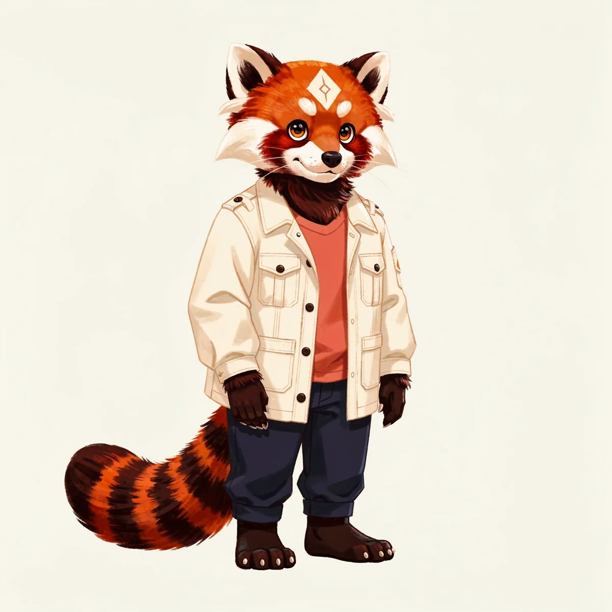 The red panda fursona wearing a cream jacket, coral shirt and navy trousers.