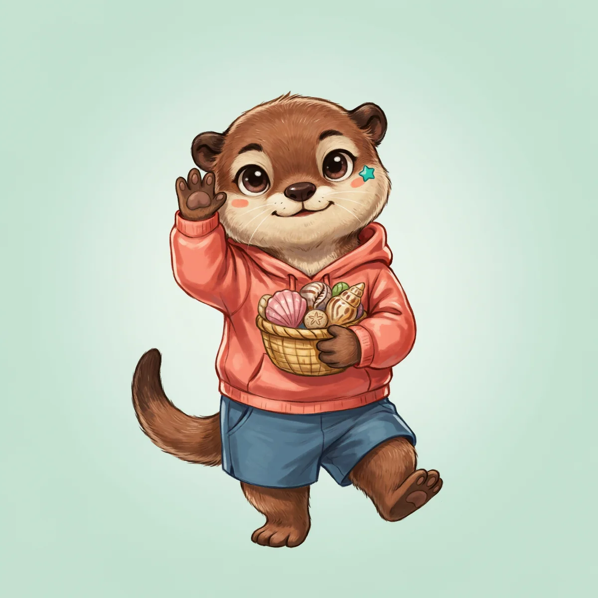 Cute chibi otter fursona in a coral hoodie with a teal cheek marking, waving and holding shells.