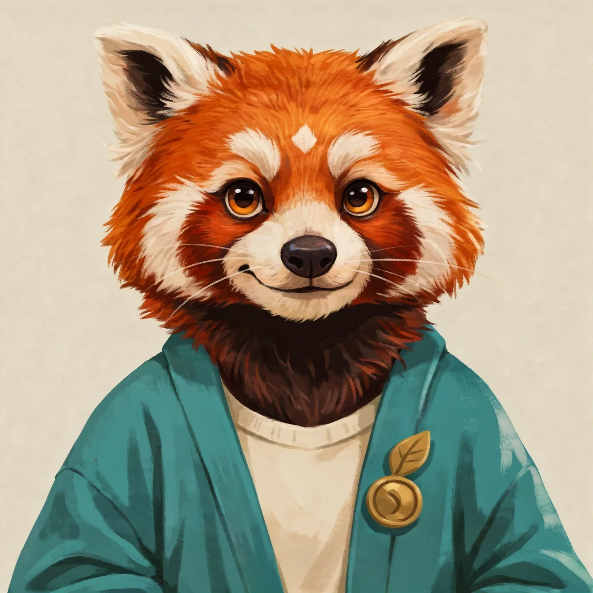 Close portrait of the red panda fursona showing the cream forehead diamond, muzzle and dark ears.