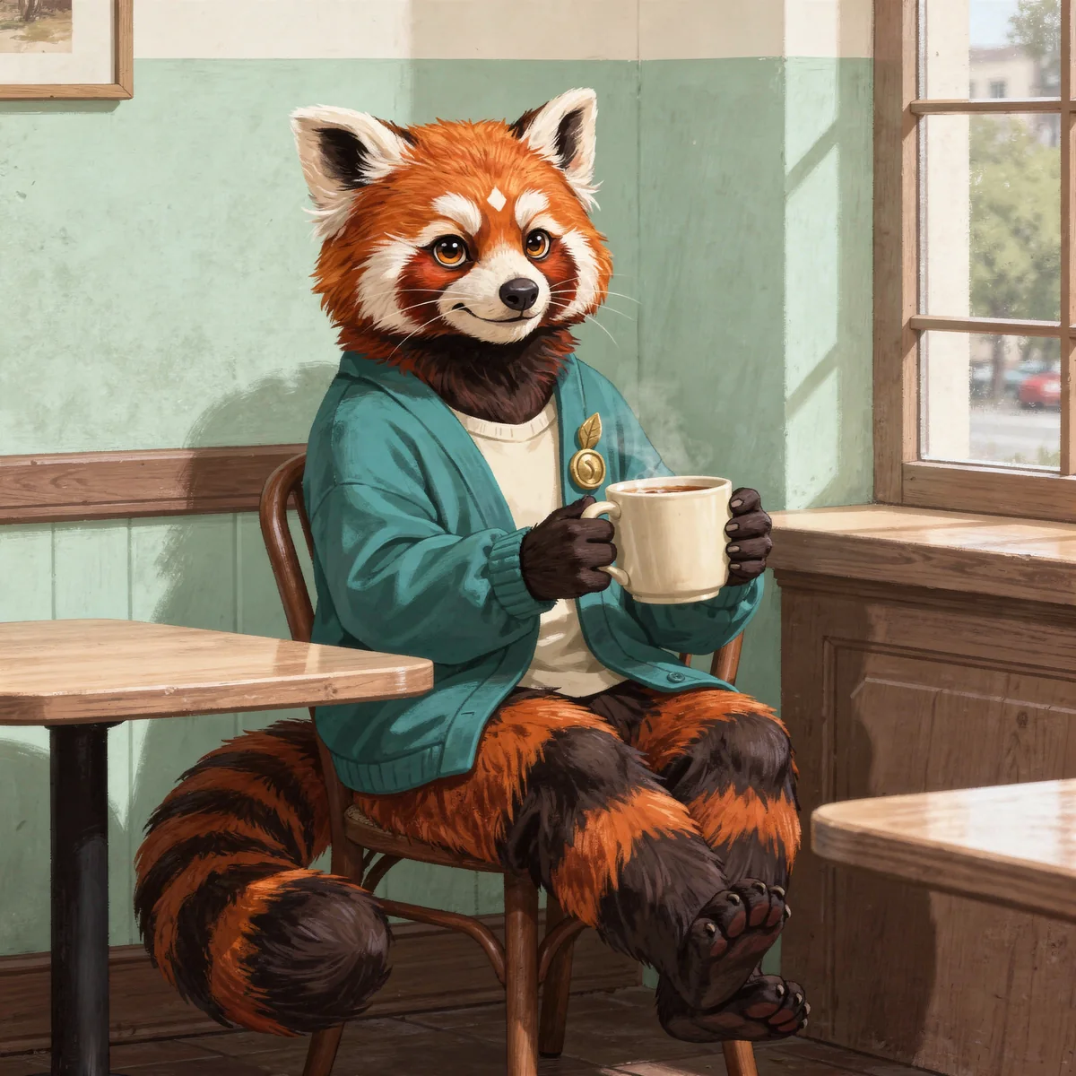 The red panda fursona holding a mug beside a café window.