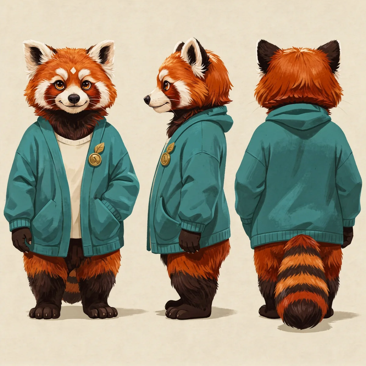 Front, side and back reference views of the red panda fursona in a teal cardigan.