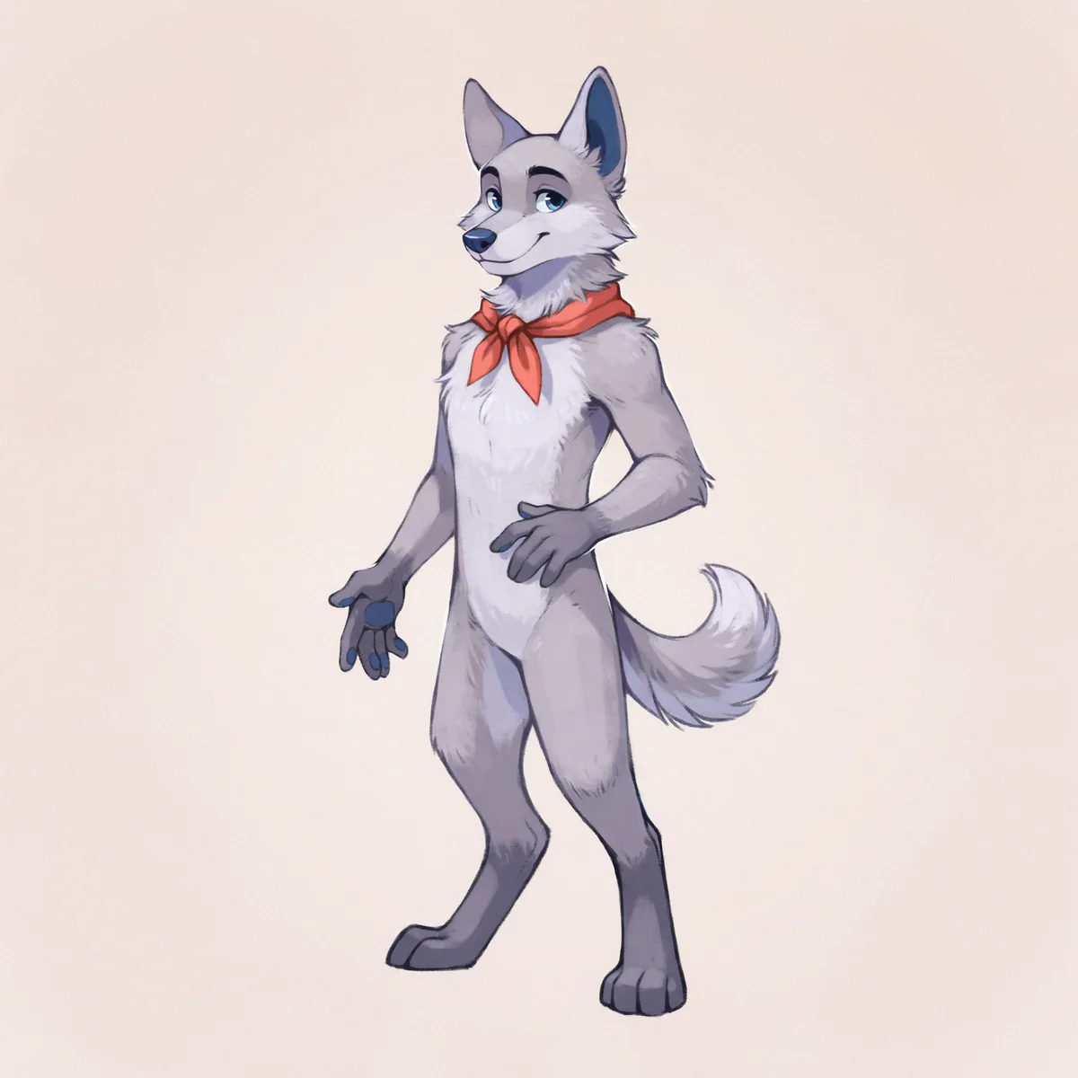 Silver wolf fursona with a navy ear marking and coral neckerchief.