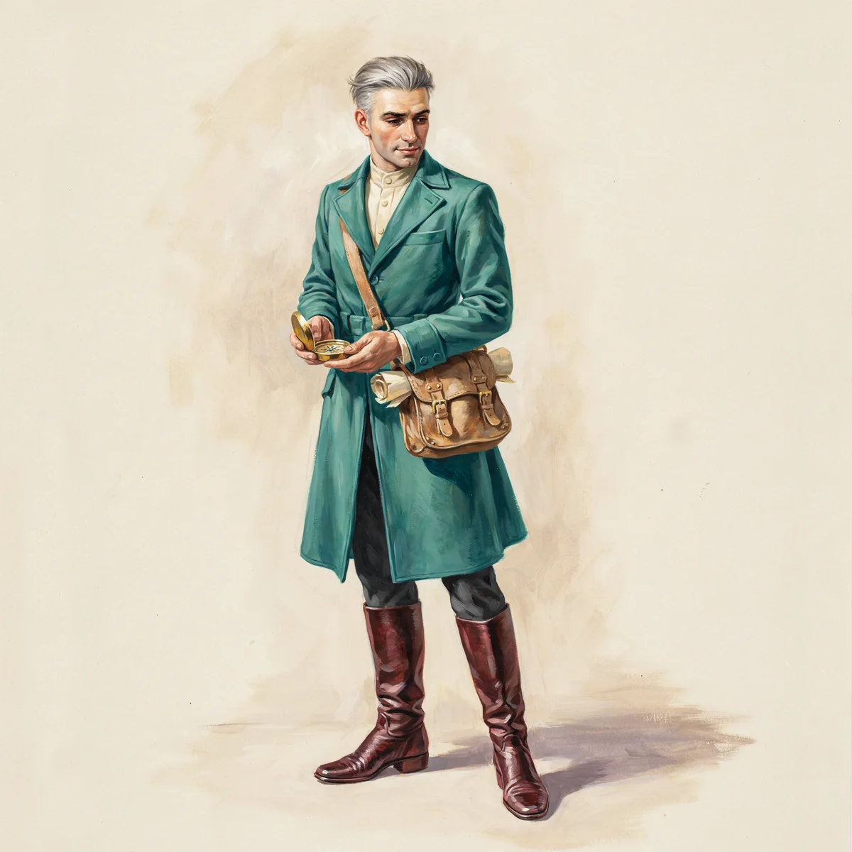 Androgynous adult fantasy cartographer with silver hair, an emerald long coat and a map satchel.
