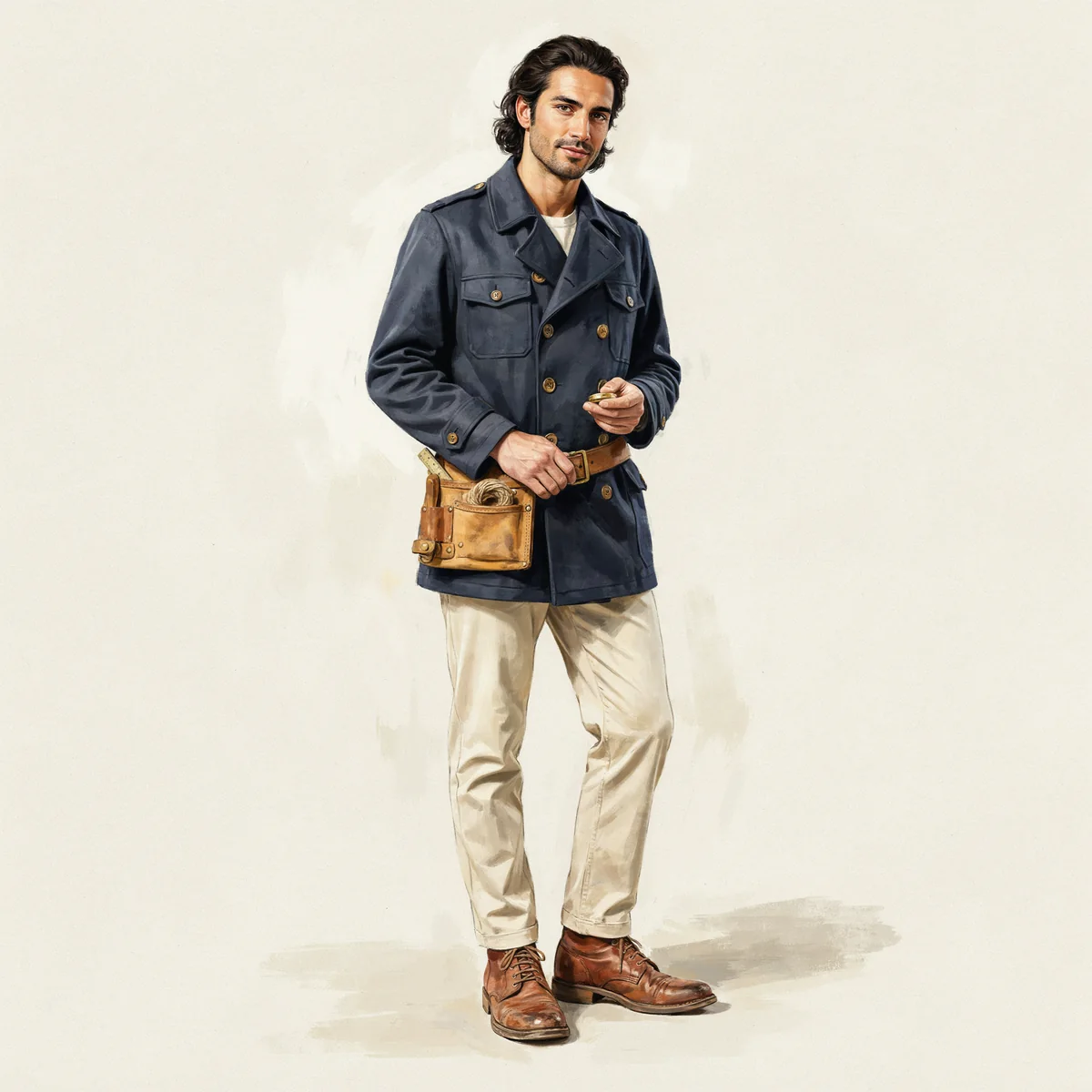 Adult male character in a navy utility coat and cream trousers with a leather tool satchel.