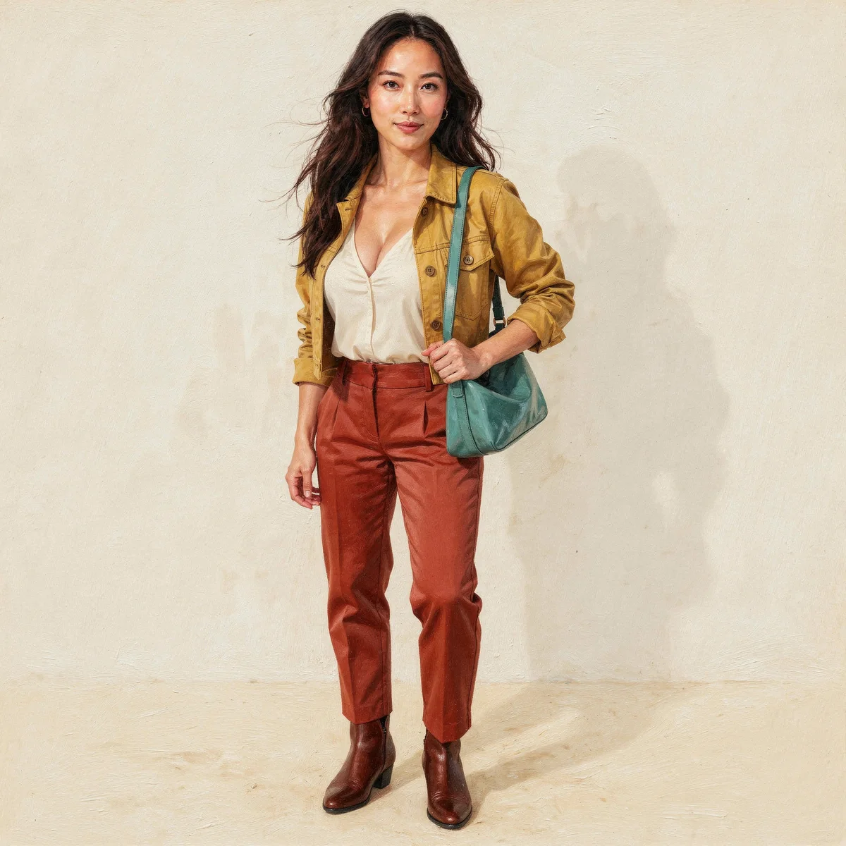 Long-haired adult character in a mustard jacket, ivory blouse, rust trousers and brown ankle boots, carrying a teal shoulder bag.