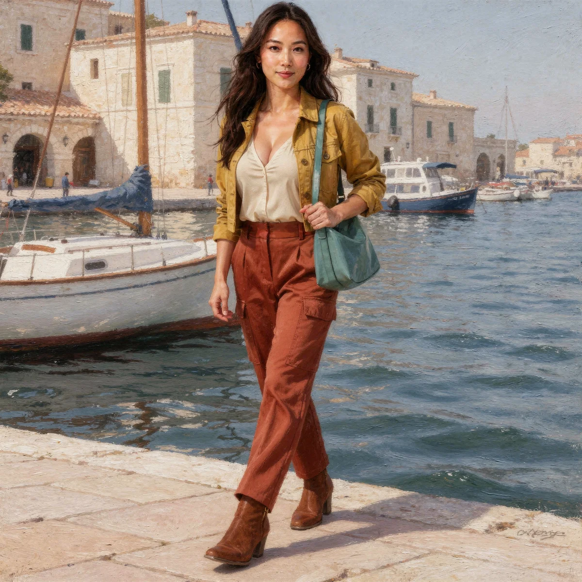 The long-haired character walking beside boats in a sunlit harbor, wearing her mustard jacket and rust trousers.