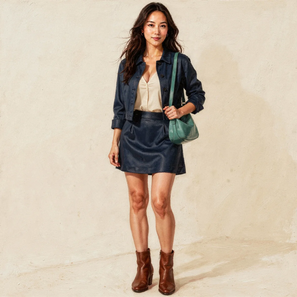 The same long-haired character wearing an indigo jacket and matching miniskirt with an ivory blouse, brown ankle boots and teal shoulder bag.