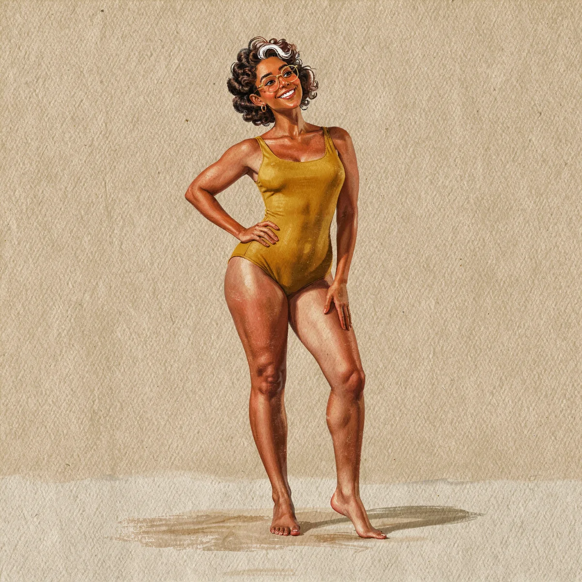 The adult courier in a mustard-yellow one-piece swimsuit, keeping her brass glasses and white hair streak.