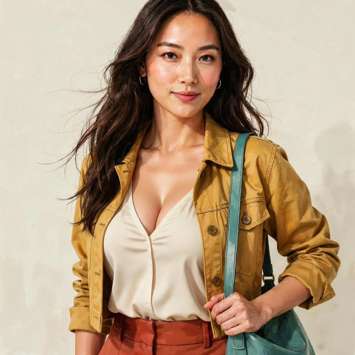 Original character with long dark hair, a mustard jacket, fitted ivory blouse and a teal shoulder bag.